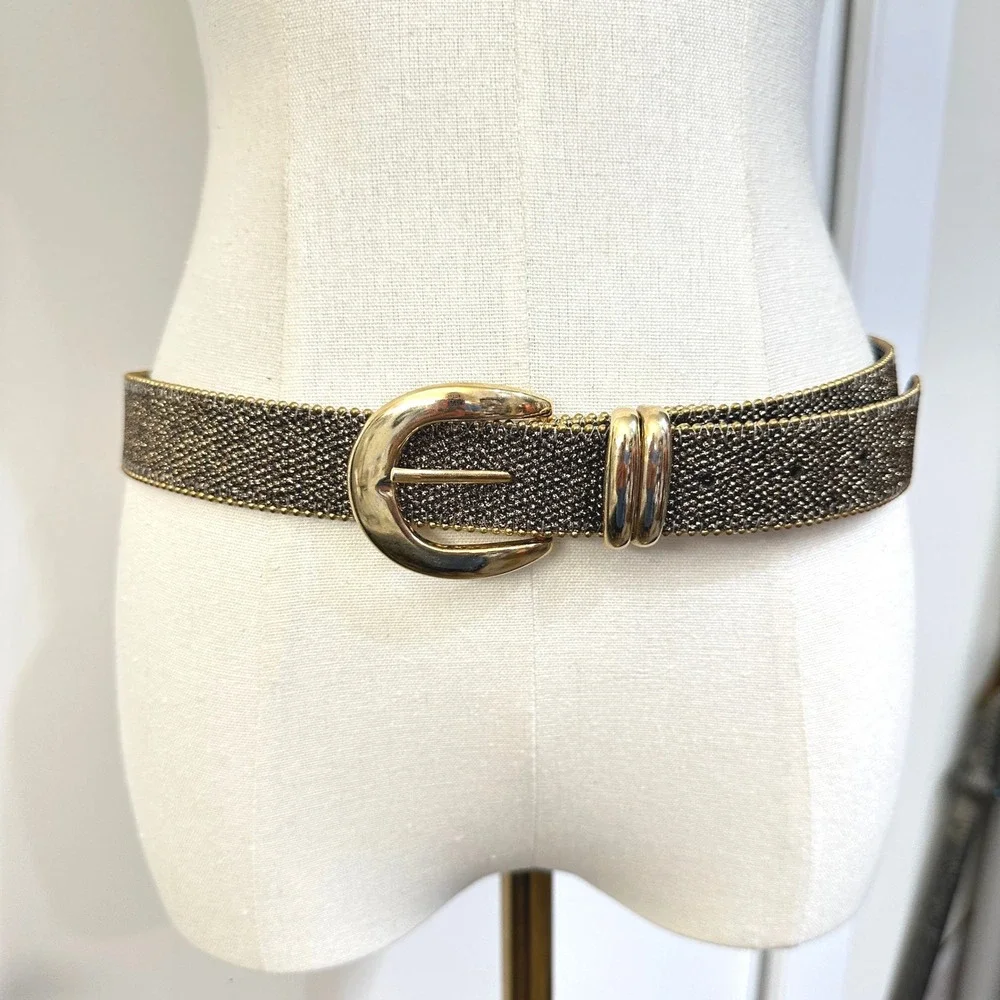 Vintage 80s Beaded Belt M Gold Bronze Metallic Leather Glam Maximalist